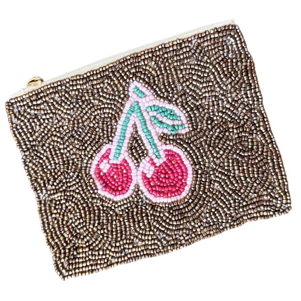 Handmade Cherry Beaded Coin Purse Gold & Pink Zip Lipstick Pouch & Card Holder